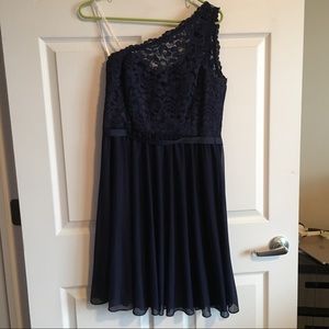 Navy asymmetrical David’s Bridal cocktail dress